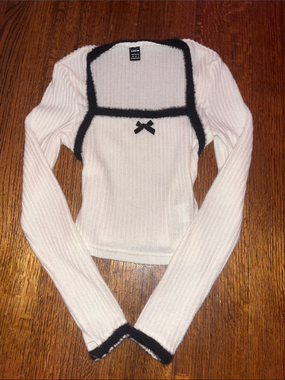 White Ribbed Square-Neck Sweater | w/ Black Trim and Bow detailing